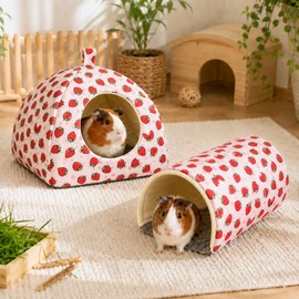 Oxiros Guinea Pig Hideout Tunnel Set, 2 Pack Washable Small Animal Bed with Removable Cushion, Hamster Hideout Play Tunnel Toys for Guinea Pigs, Hamsters, Hedgehogs, Ferrets, Pink Strawberry