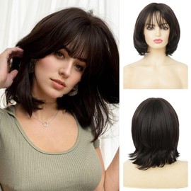 Siudus Black Short Straight Wig with Bangs Women's Shoulder Length Layered Shaggy Hair Wig Natural Looking Heat Resistant Fibre Wig for Daily Use