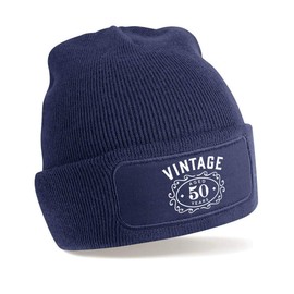 D Design Invent Print! 50th Birthday Hat Gift for Men Vintage Beanie Keepsake Present Gift Idea (Navy)