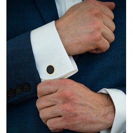 Jonwo 14K Gold Plated Round Mens Cufflinks with Black Agate In Gift Case Classic Round Golden Cufflinks for Men Jewelry for Wedding Party Business Birthday Anniversary Dress