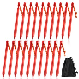 Tent Pegs, Pack of 20 Camping Pegs, Tent Pegs, Storm Proof Sand Pegs, 18 cm, Red Aluminium Pegs with Rope and Storage Bag for Hiking Camping
