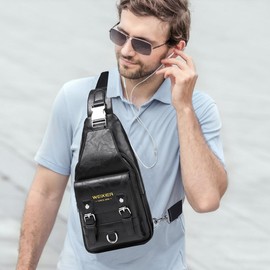 A-QMZL Sling Bags Mens Shoulder Bag Crossbody Bags Chest Bag PU Leather Waterproof Man Bags for Men Women Travel Sling Bag Casual Backpack for Hiking,Cycling,Traveling (black)