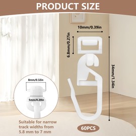 YIMETOP 60Pcs 34mm Curtain Hooks For Track, White Plastic Curtain Track Gliders, Shower Gliders, PVC Pulley with Opening Hooks Caravan Window Door Rails