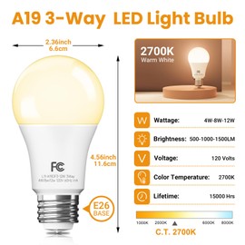 TJOY 3 Way Light Bulbs 40 60 100 Equivalent Soft Warm White 2700K, Dimmable A19 Three Way Light Bulbs E26 Medium Base, 4/8/12W Energy Saving UL Listed for Floor Lamp, Desk Lamp and Table Lamp, 4 Pack