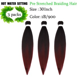 Pre Streched Braiding Hair Extensions 30 Inch 3 Packs Black to Burgundy Synthetic Colored Braiding Hair Crochet Braids Hair Hot Water Setting Soft Yaki Texture (30",1B900)