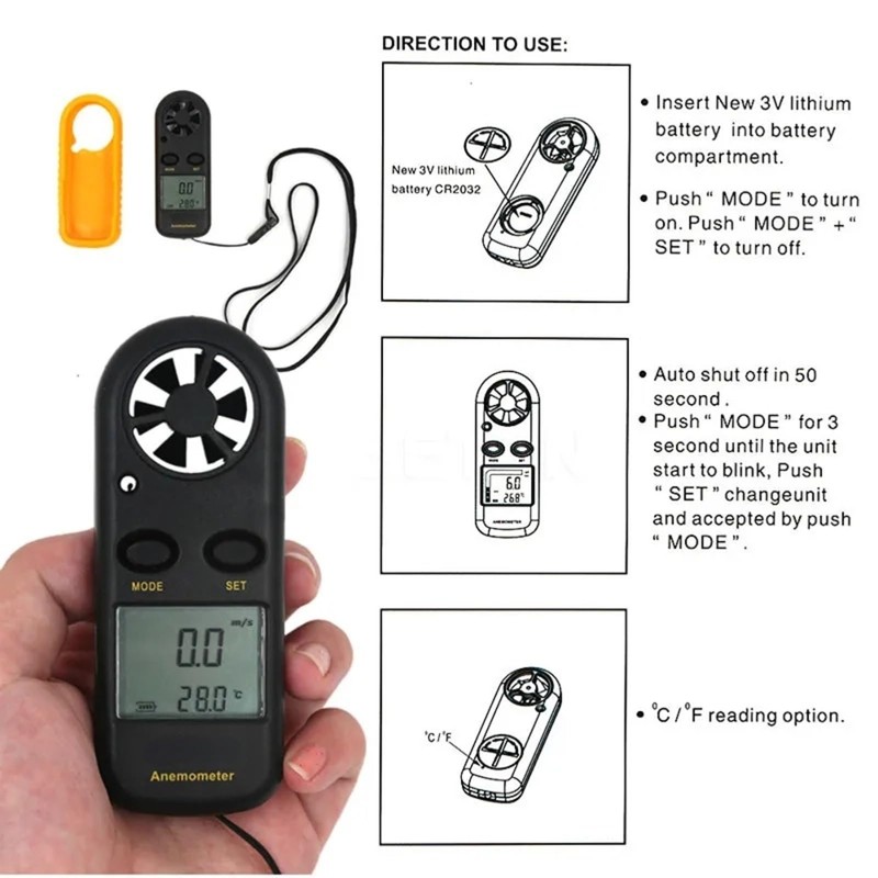 Anemómetro de mano medidor de velocidad del viento, termómetro detector