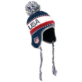 USA Winter Knit Beanie With Pom - Ski Cap, Peruvian Hat With Ear Flaps and Fleece Lining