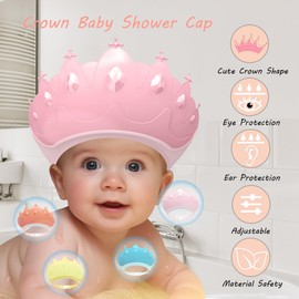 Baby Shower Cap Shield, Baby bath set shower cap, Visor Hat for Eye and Ear Protection for 0-9 Years Old Children,Cute Crown Shape Makes the Baby Bath More Fun (Pink)