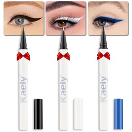 Kaely 3Pcs Black White Blue Liquid Eyeliner Set,Waterproof Smudge Proof Eyeliner Pencil,Color Colored Eyeliner Stamp,Cat Eye Liner Pen Makeup Stencils,delineadores de colores para ojos,01+03+04