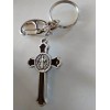 Catholic St Benedict Black Enamel Crucifix Medal Keychain Silver Tone
