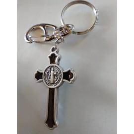 Catholic St Benedict Black Enamel Crucifix Medal Keychain Silver Tone Key Chain