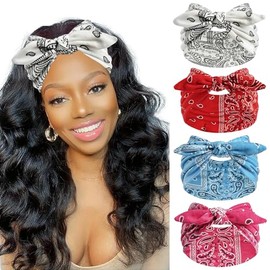 FULZTEY Bow Headbands for Women Wide Hairbands Large Headwrap Elastic Non Slip Workout Sports Head Band Knotted Thick Turban Cotton Bandanas for Hair Accessories 4Pcs