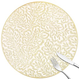 fanquare Round Placemats Set of 6, 15" Flower Leaf Washable Pressed Vinyl Heat Resistant Non-Slip DiningTable Mat for Wedding Holiday Party Chrismas Decor, Gold