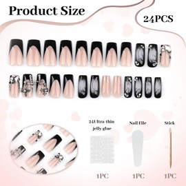 LunarCharm 24 Stück Aufdrücknägel, lang, quadratisch, schwarz, Ombre-Kunstnägel mit Kreuzanhänger-Design, glänzend, vollständige Abdeckung, schwarze künstliche falsche Nägel