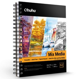 Mix Media Sketchbook, Ohuhu 10"×7.6" Watercolour Paper for Wet or Dry Media, 120 LB/200 GSM Heavyweight Papers 62 Sheets/124 Pages, Spiral Bound Mix Media Paper Pad for Acrylic, Watercolor, Pen and Colored Pencil Painting