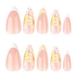 French Tip Press On Nails Summer Fake Nails With Design Bow Daisy False Nails Acrylic Artificial Nails Almond Glue On Nails Glossy Full Cover Flower Stick On Nails For Women French Manicure 24PCS