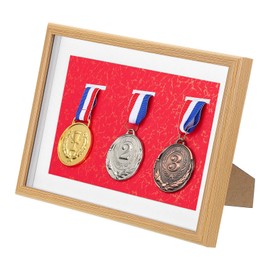 PATIKIL Medal Display Case, 3 Medal Display Frame Medal Shadow Box Sports Medal Display Picture Frame for Marathon Swimming Triathlon, Red Base Poplar A4