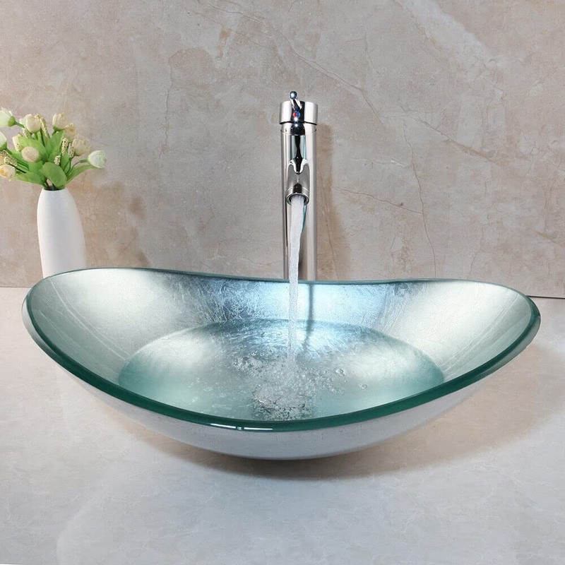 Washly Bathroom vessel sink, Artistic Tempered Glass Oval Vessel Sink