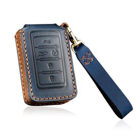 HIBEYO Key Fob Cover for Jeep Grand Cherokee Grand Wagoneer 2021 2022 Accessories with Keychians Leather Key Case Shell 5 Buttons-Blue