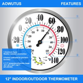 Outdoor Thermometer Hygrometer - 12'' Indoor Outdoor Thermometer Wireless, Indoor Thermometer for Room Home Temperature, No Battery, Wall Thermometer for Home Garden Patio