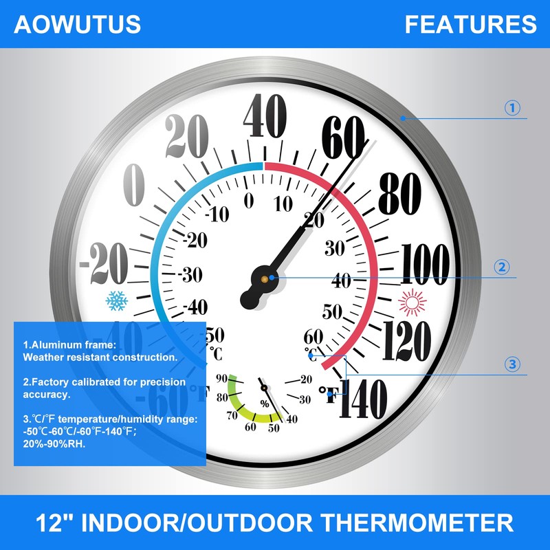 Outdoor Thermometer Hygrometer - 12'' Indoor Outdoor Thermometer Wireless, Indoor