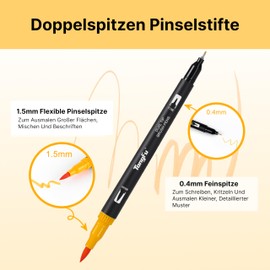 TongFu Brush Pen Set, 36 Colours 1-5 mm/Fineliner 0.4 mm Felt Tip Pens Thickness and Thin for and Adults, Dual Tip Brush Pens Watercolour Marker for Bullet Journal, Colouring Books, Hand Lettering,