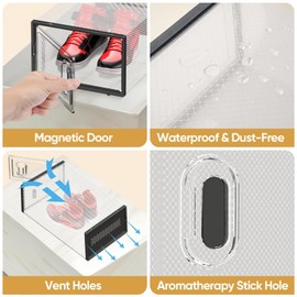 BALEINE 12 Pack Stackable Shoe Storage Boxes Fit Size 11, Thickened Clear Shoe Box Bins with Lids, Plastic Foldable Shoe Rack Organizer Sneaker Storage Containers (X-Large, Black)