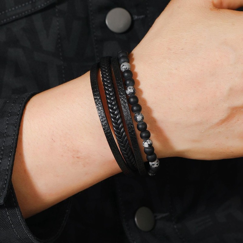 EUMENIDES Braided Rope Leather Bracelet For Men, Titanium Steel, Tiger'S