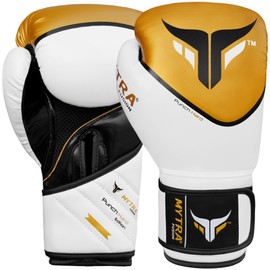 Mytra Fusion Punch Hard Boxing Gloves Artificial Leather Boxing Gloves 10oz 12oz 14oz 16oz Boxing Gloves for Training Punching Sparring Punching Bag Muay Thai Kickbox (14-oz, White Gold)