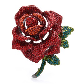 Rhinestone Rose Flower Brooch Pin for Women Men Fashion Red Green Crystal Big Leaf Brooch Lapel Pins Elegant Dress Accessories Jewelry Boutonniere Corsage for Hat Bag Suit Tie Gift Wedding Birthday