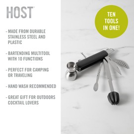 HOST All in One Bartender Multitool Set | 10 in 1 Tool - Strainer | Muddler & Reamer | Stirrer | Jigger | Zester | Corkscrew | Bottle Opener | Knife & Channel Knife Bar Essential Equipment Kit