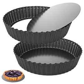 WOPPLXY 2 PCS 10 Inch Deep Quiche Tins with Loose Base, 26CM Non Stick Deep Pie Quiche Dish, Carbon Steel 5.5CM Deep Fluted Flan Tin for Baking