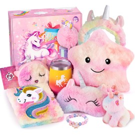 Tacobear Girl Birthday Gift for 6 7 8 9 10 Year Old Toy, 10pcs Unicorn Gift Idea with Light up Star Pillow Plush Diary Tumbler Stuffed Eyemask, Christmas Kid Teen Girl Unicorn Toy Age 6-8