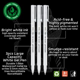 MARTCOLOR MARTCOLOR White Gel Pens, 1mm Fine Point Gel Ink Pen Opaque Archival Ink Pens for Black Paper Drawing, Sketching, Illustration, Card Making, Bullet Journaling, 3 Pack