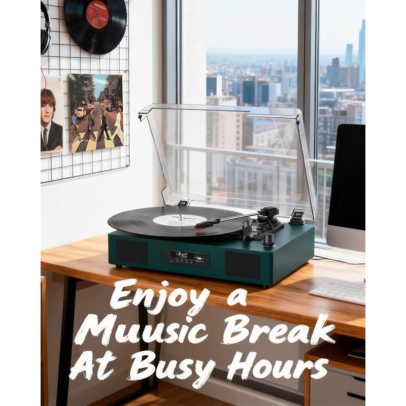 Vinyl Record Player with Built-in Speakers, USB Recording, Dark Green