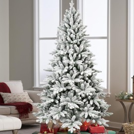 7ft Flocked Christmas Tree with 1514 Tips, Realistic PE+PVC Snowy Hinged Tree with Metal Stand, Full Artificial Xmas Tree for Holiday Decoration