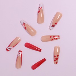 Vezocim Press on Nails Long Coffin French Tips 24Pcs Glossy Full Cover Acrylic Square Red False Nails with Heart Lips Designs Ballerina Extra Long Artificial Reusable Fake Nails with Charm for Women