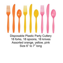 Party Plastic Cutlery Set, 54 Pieces, Pink Yellow Orange, 6-7 Inch Length, Forks Spoons Knives for 18 Guests, Groovy Birthday, Tropical Party