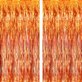 GOER 6.4 ft x 9.8 ft Metallic Tinsel Foil Fringe Curtains,Pack of 2 Party Streamer Backdrop for Birthday,Graduation Decorations and New Year Eve (Orange)