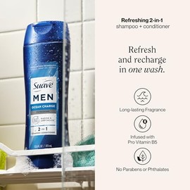 Suave Men Ocean Charge - Champú y acondicionador refrescante 2 en 1 con Pro vitamina B5, hidrata y revitaliza el cabello, aroma Ocean Fresh, 6 unidade