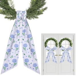 PartyforU Blue Hydrangea Wreath Sash - 2 Pcs Flower Wreath Sashes for Front Door Farmhouse Home Decor, 60 Inch Floral Sash for Wreaths Summer Window Doorway Wall