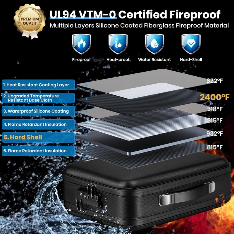 Fireproof Document Box Double-Zip, Hard-shell Waterproof Fire Proof Bag with