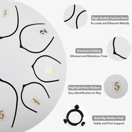 Eavnbaek Rain Chime Drum - 8 Note 6 Inch Rain Drum for Outside Garden, with Bag, Music Book, Drumsticks, Mallet Holder and Finger Paddles, Steel Tongue Drum for Gifts Yoga Education (White)