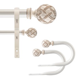 Ycolnaefllr 1 Inch Diameter Double Curtain Rod Set for Windows Heavy Duty Double Window Treatment Curtain Rod Adjustable from 48 to 84 Inch, Resin Finials with Curtain Holdbacks,Weathered White