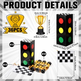 CroBlissful 36 Pcs Race Car Party Decorations Set 12 Traffic Light Boxes 12 Racing Checkered Flags and 12 Gold Trophy for Racing Car Theme Birthday Party Supplies Table Centerpiece Decorations