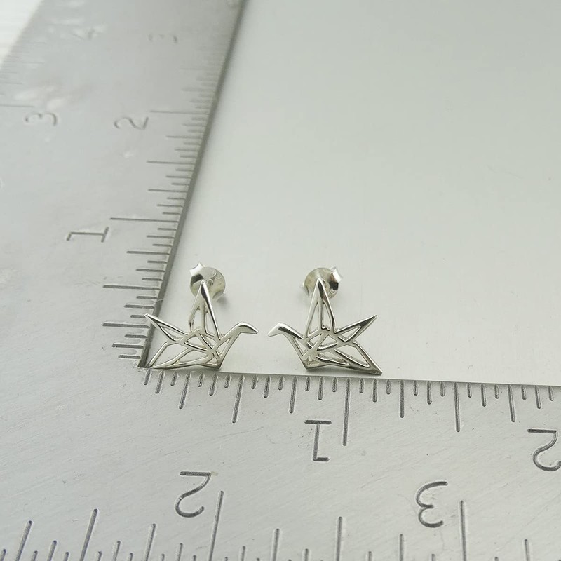 Sterling Silver Origami Crane Bird Stud Earrings, Posts with Butterfly