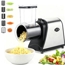 Electric Cheese Grater, 5-in-1 Vegetable Slicer & Salad Maker with Stainless Steel Blades, 250W One-Touch Electric Cheese Shredder for Block Cheese, Vegetables, Fruits and Nuts