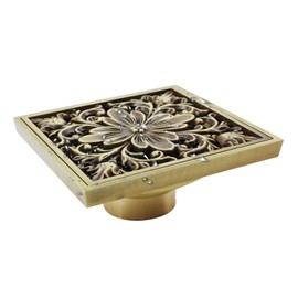 MY MIRONEY Antique Floor Drain Square Brass Shower Drain 4 Inch Bathroom Ground Drainer with Removable Cover Waste Water Strainer - Begonia Carved