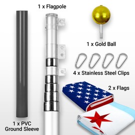 G128 Combo Pack: 25 Ft Telescoping Aluminum Flagpole (Silver) & American and Chicago Flags 3x5 Ft, Both StormFlyer Series Embroidered 220GSM Spun Polyester | Pole with Flags Included