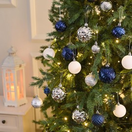 Valery Madelyn Christmas Tree Decorations Ornament Set for Fall Decor, 100ct Navy Blue Silver Shatterproof Christmas Ball Hanging Ornaments Bulk for Xmas Holiday Party Decor (Variety Style and Size)